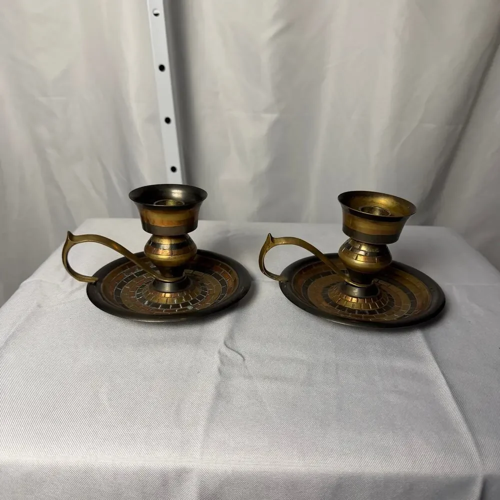 VTG Pair Brass Chamberstick Candle Holders Mosaic Inlay India Finger Loop Global